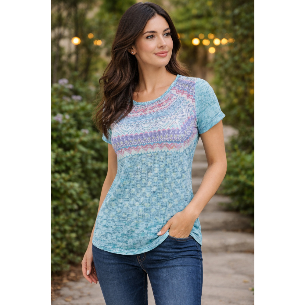 Prana Printed Short Sleeve Tee Blue Fair Isle Medium